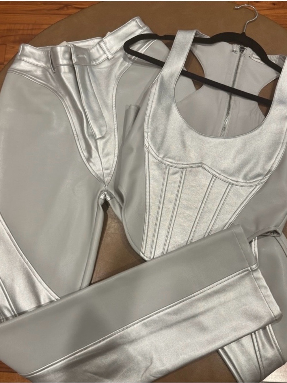 Silver Metallic Corset Tank & High-Waist Pants Set